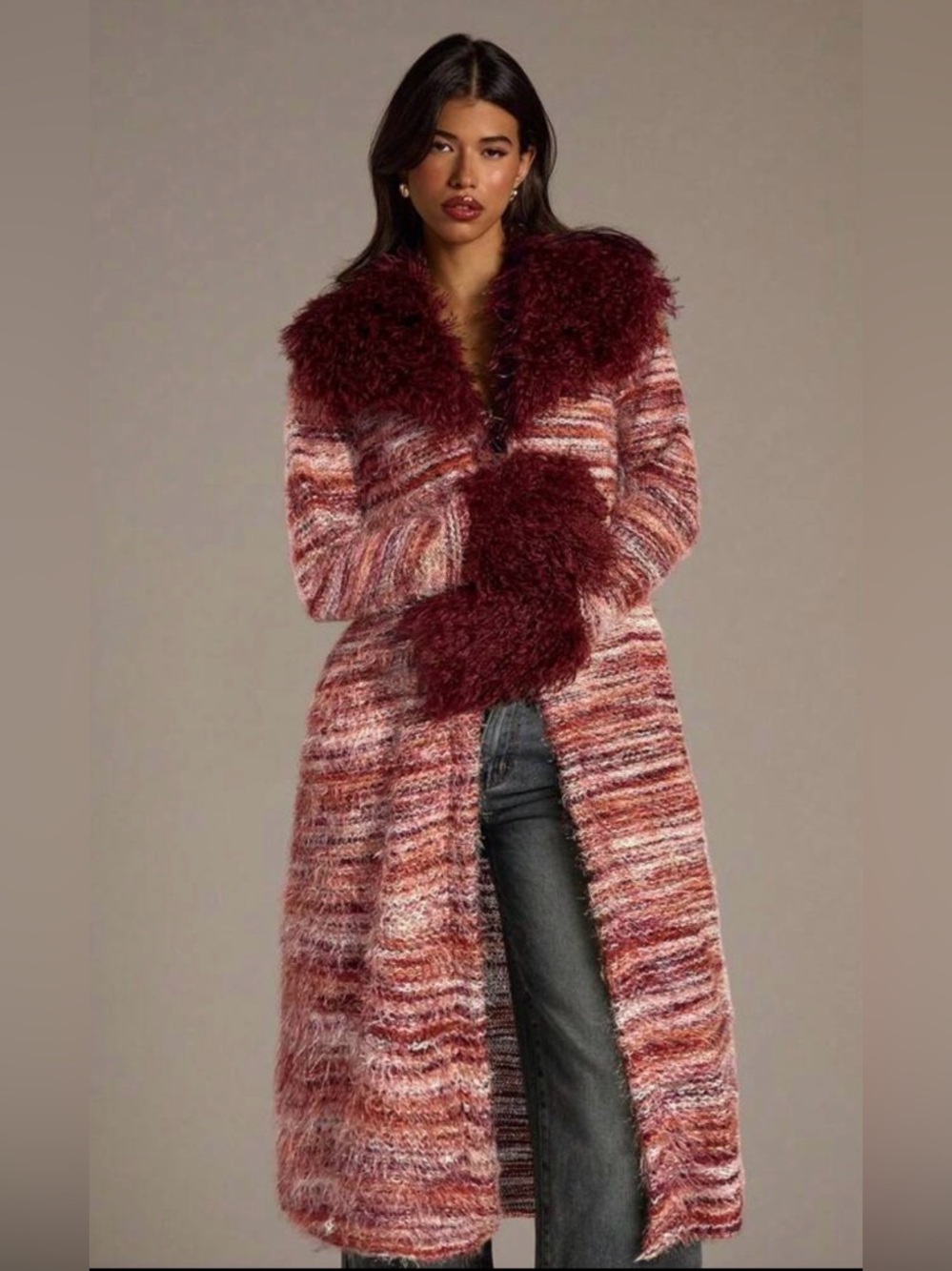 Women’s Maroon Multi-Stripe Faux-Fur Fringe Trim Long Sweater Coat Disco SHEIN